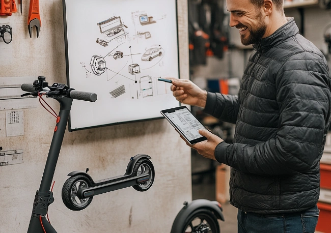 Un technicien utilisant une tablette pour effectuer un diagnostic connecté sur une trottinette moderne