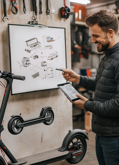 Un technicien utilisant une tablette pour effectuer un diagnostic connecté sur une trottinette moderne