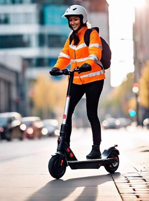 Une trottinette en parfait état roulant sur une route urbaine, avec des icônes représentant la sécurité et la durabilité.